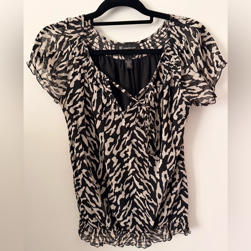 INC International Concepts Black & White Animal Print Tie-Neck Blouse